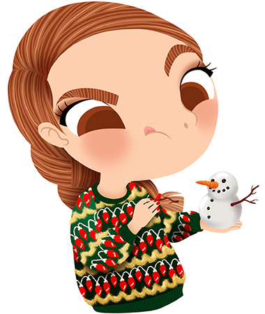 Anna Lubinski - Advent Calendar - Cartoon portrait - Character design - She wears a Christmas sweater. It's snowing! Do you want to build a snowman?